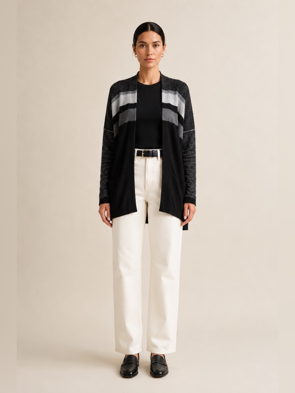 Vince Variegated Wool Cashmere Colorblock Open Cardigan Gray Black Sweater